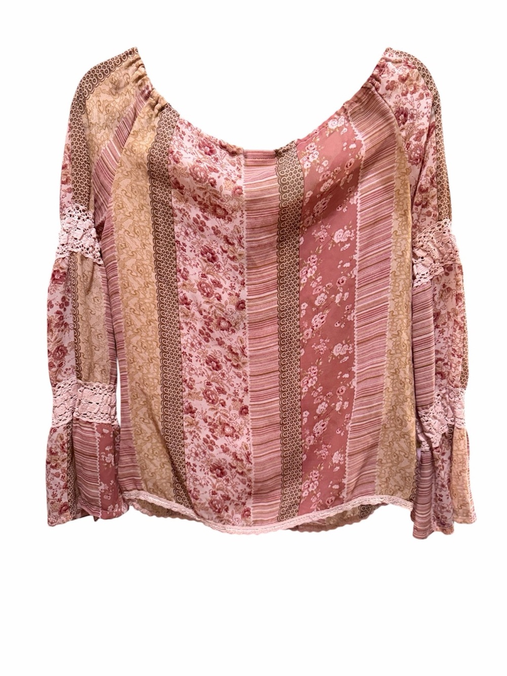 Joe Boxer Pink & Beige Patchwork Tie-Front Boho Blouse - Picture 5 of 5